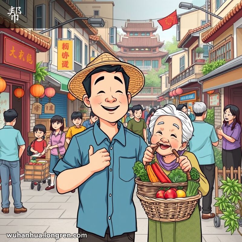 一位武汉中年男子在街边帮助老妇人搬运蔬菜，背景中有其他人互相帮助的场景，画面温馨。