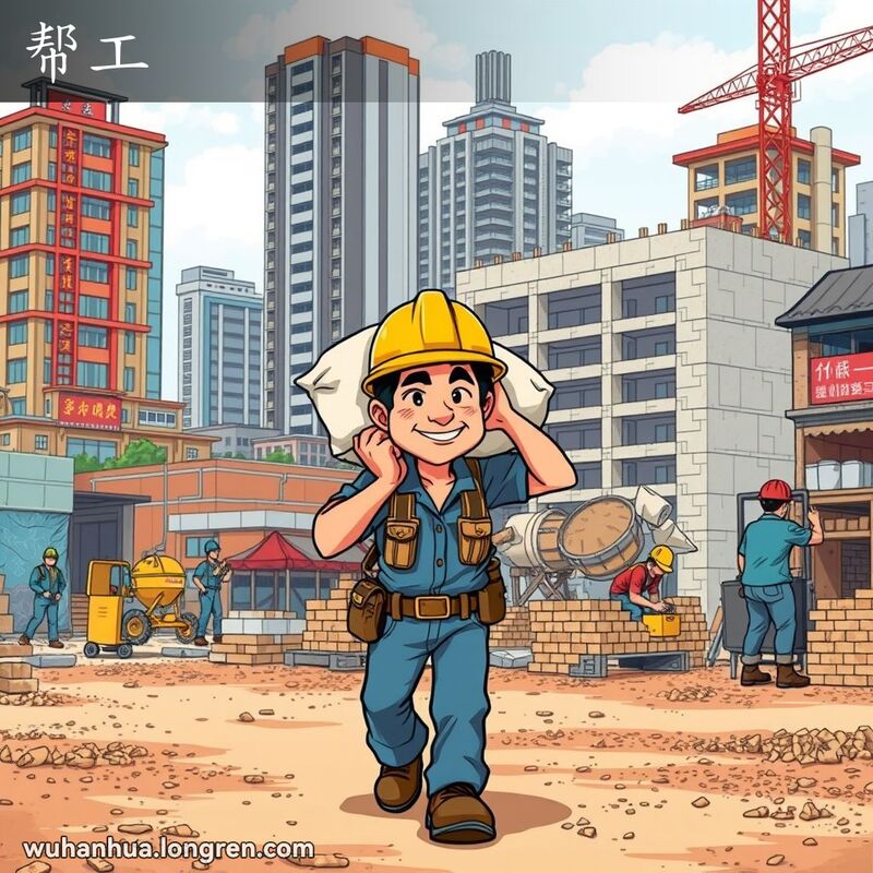 一位穿着黄色安全帽和蓝色工作服的劳动者在武汉建筑工地扛着水泥袋，背景中有其他工人忙碌工作，展现了雇工的勤劳和力量。