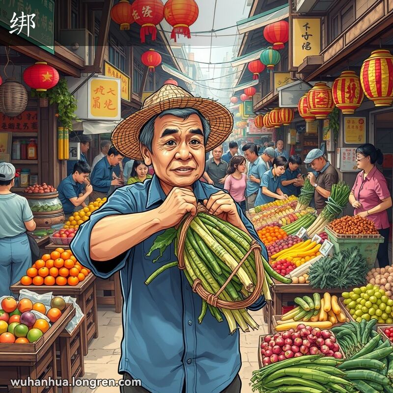 一位中年男子在武汉街市上用绳子捆绑蔬菜，背景是热闹的市场和摊位