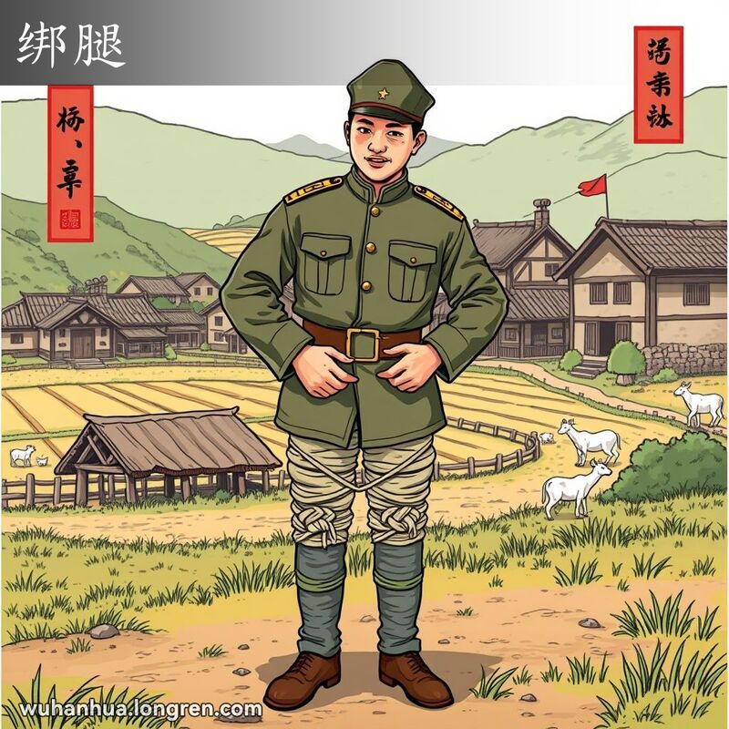 一位中国士兵站在乡村环境中，小腿缠绕着布带，背景是田野和传统中式房屋
