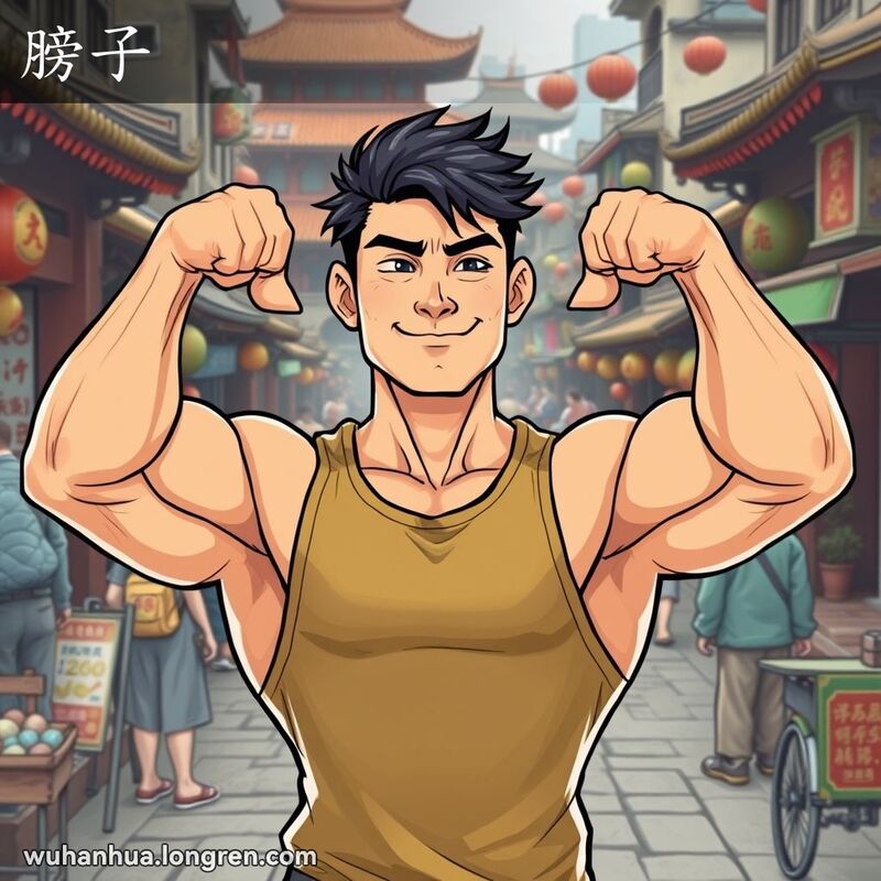 一位武汉男子展示强壮的胳膊肌肉，背景是繁忙的武汉街道