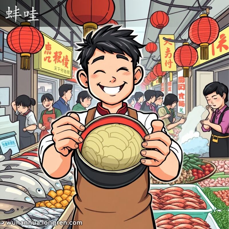 武汉街头海鲜摊，摊主展示新鲜的蚌壳，背景有鱼和虾，摊位装饰有红灯笼和传统招牌。