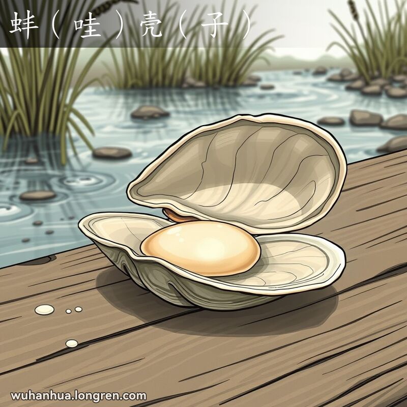 一个刚从河里取出的蚌，壳张开，露出珍珠般的内层，放在古朴的木桌上，背景是宁静的河岸。