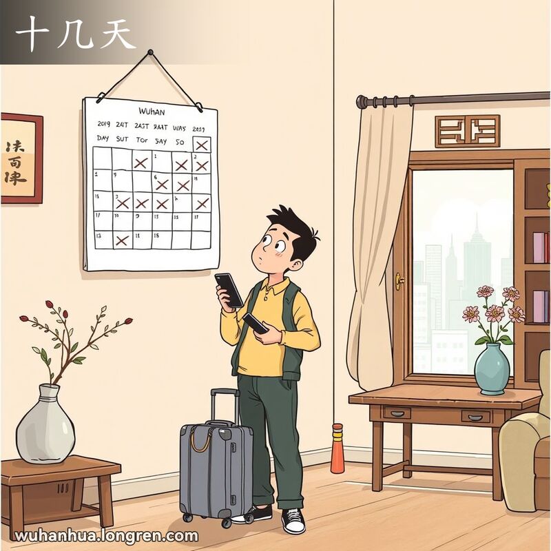 一位武汉男子站在日历前，手持行李箱和手机，望着日历露出思考的表情，背景是温馨的客厅