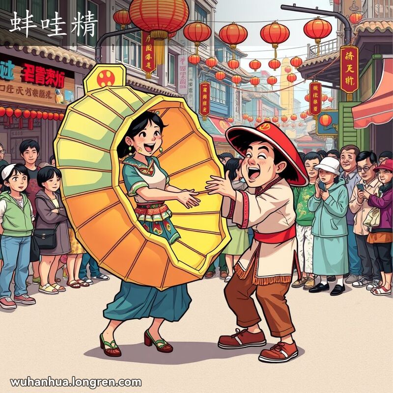 武汉街头的蚌哇精舞蹈表演，女子扮蚌精，男子扮渔夫，背景是热闹的观众和街头小贩