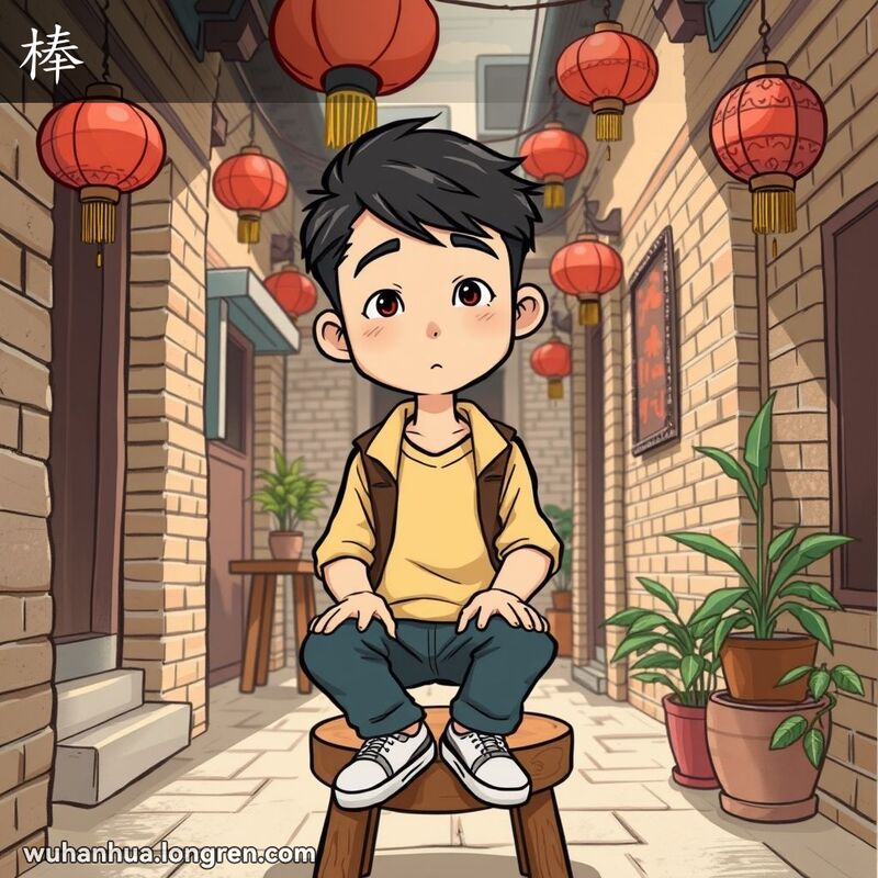 一位武汉年轻人坐在老街巷的木凳上，面带憨厚的笑容，背景是武汉老街景