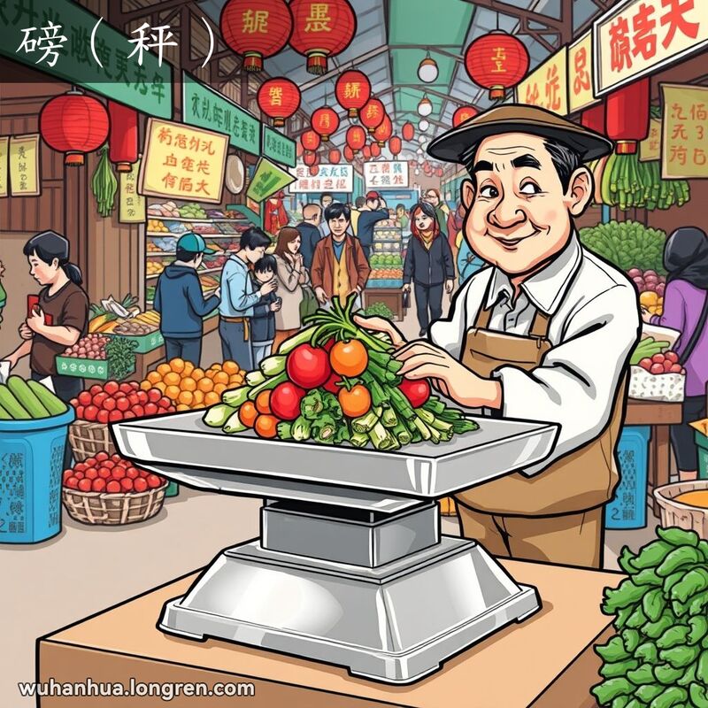 武汉传统市场中，摊贩用金属台秤称量新鲜蔬菜，背景是热闹的市场场景。
