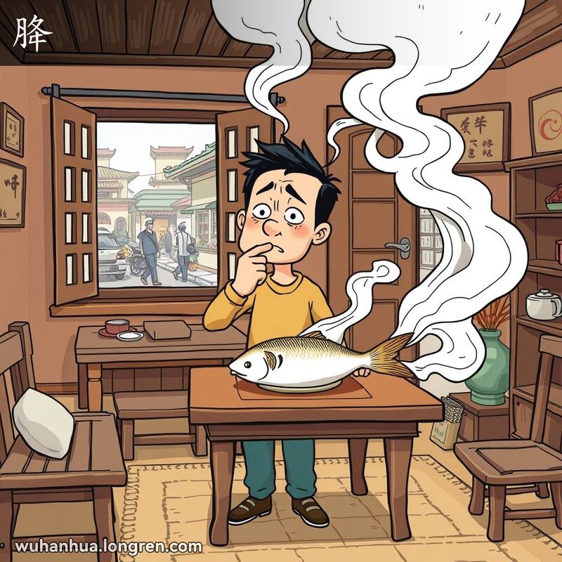 一个人在充满不好气味的房间里，捏着鼻子，露出厌恶的表情，背景是武汉街景