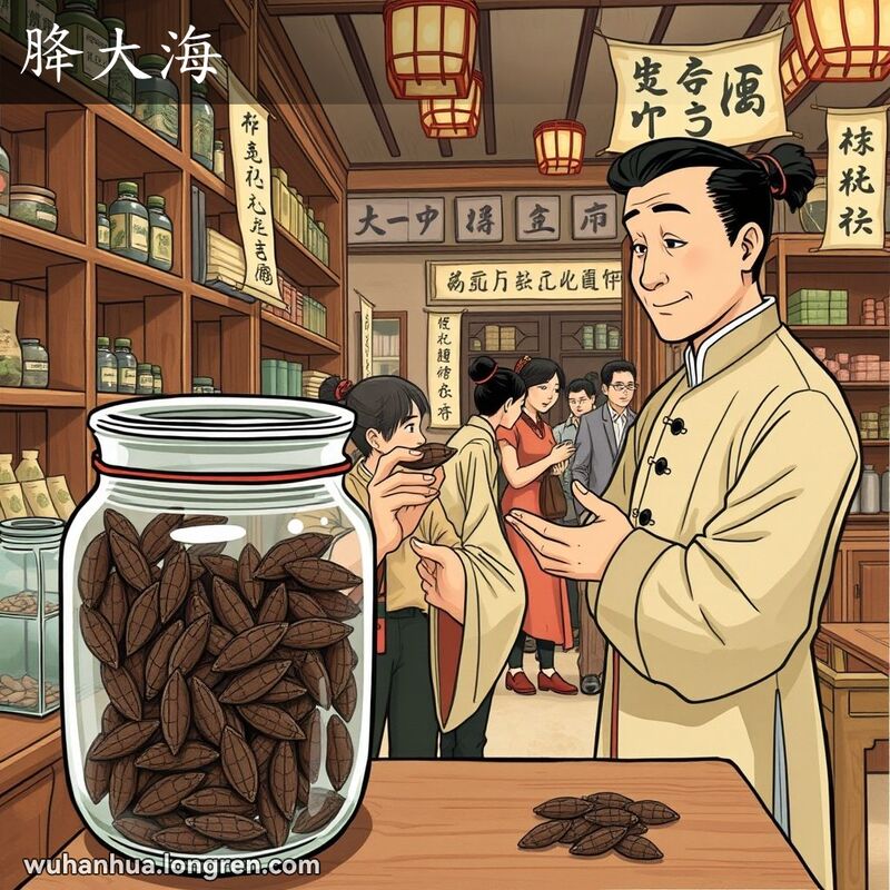 一家武汉中药店，店主手持胮大海种子向顾客解释其药用价值，背景有其他顾客和传统装饰。