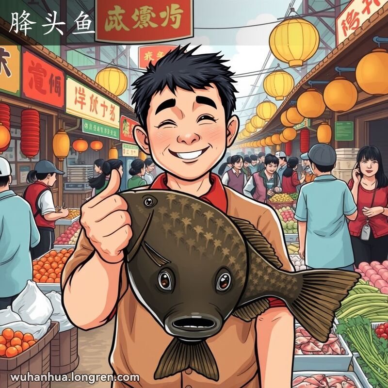武汉市场中，渔民展示一条大头、眼睛靠近头下部的暗黑色鱼，背景是传统市场摊位和顾客。