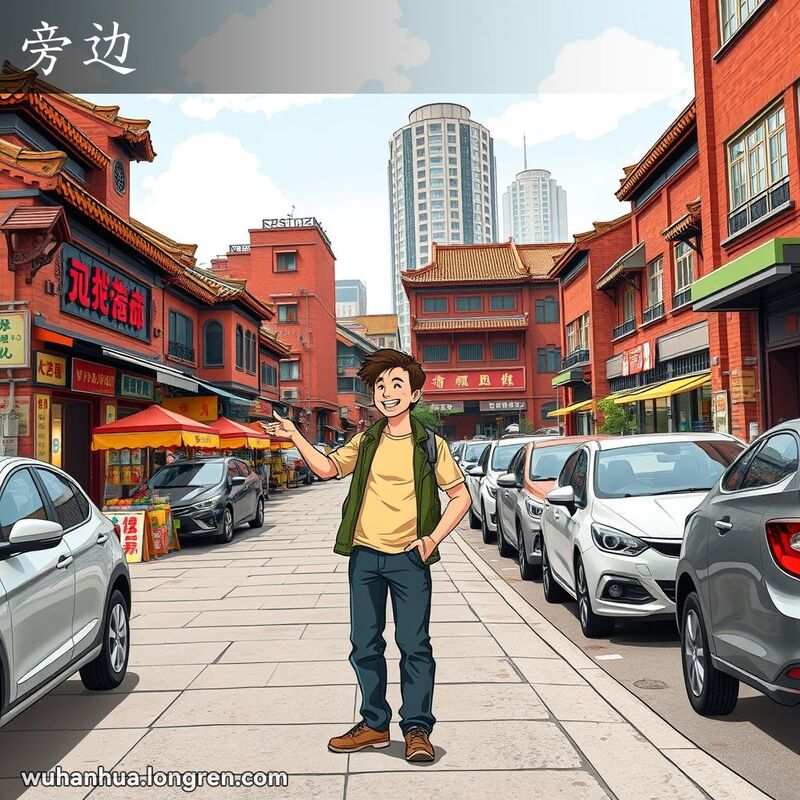 一位武汉男子站在街边，指着马路旁边停放的汽车，背景是武汉街景