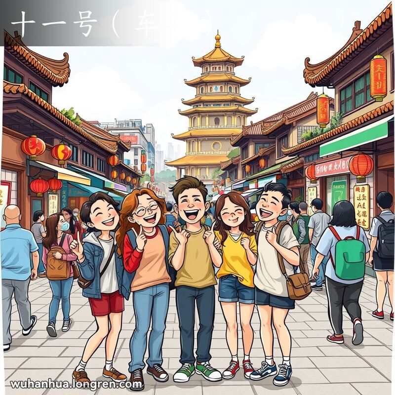 一群朋友在武汉街头聊天，其中一人用手指比划数字11，象征步行，背景有黄鹤楼和街景