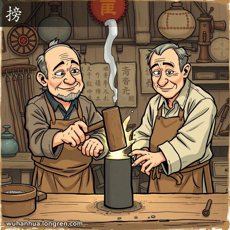 两位工匠在传统工坊中工作，一位手持锤子准备敲击金属，背景有旧工具和木质工作台。