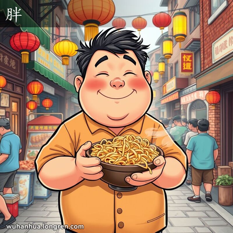 一位身材丰满的武汉市民在街头市场中手持热干面，背景是繁忙的街头摊贩和老式砖房