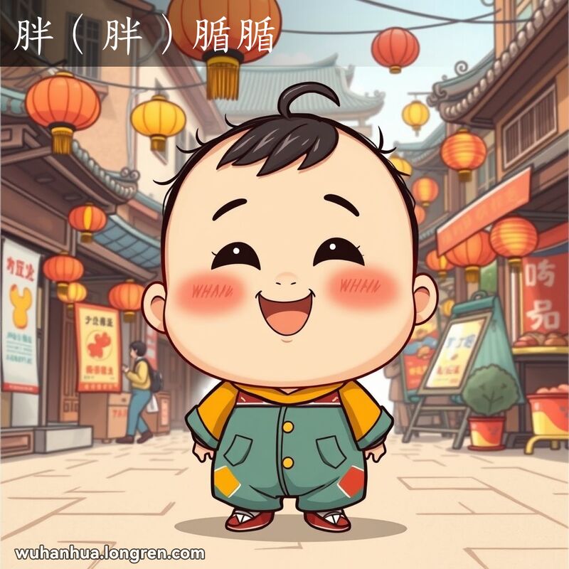 一个胖乎乎的小孩站在武汉街头，背景有老式建筑和街边摊
