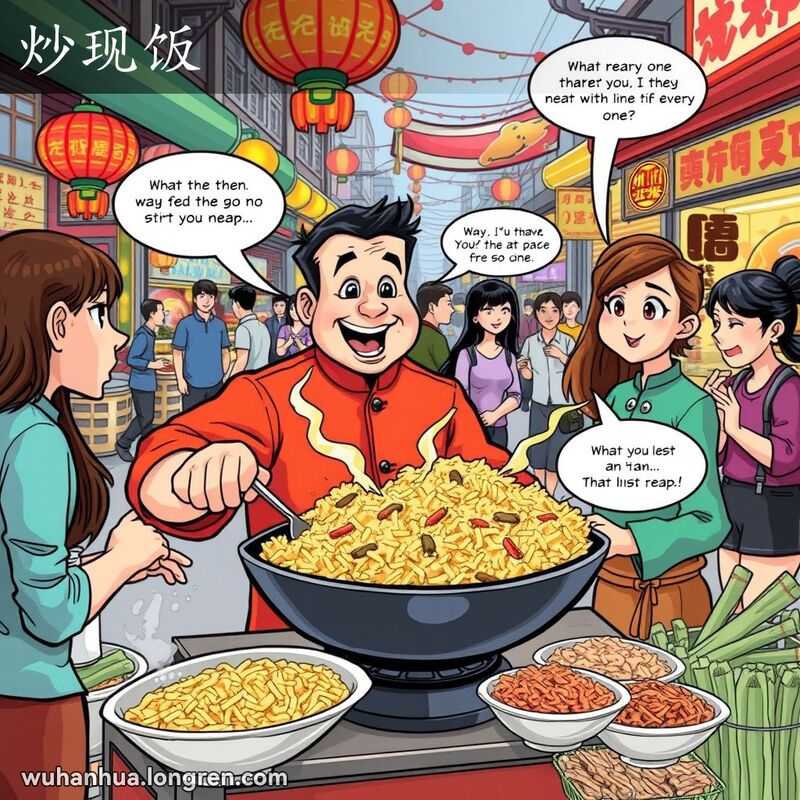 一位武汉街头小贩在炒饭摊前，热情地向顾客介绍他的炒饭，但顾客已经听过多次，显得有些无奈，背景是热闹的武汉街市