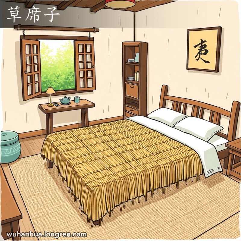 传统武汉家庭卧室，床上铺着草席，窗外是绿意盎然的花园，室内有小木桌和中式茶具