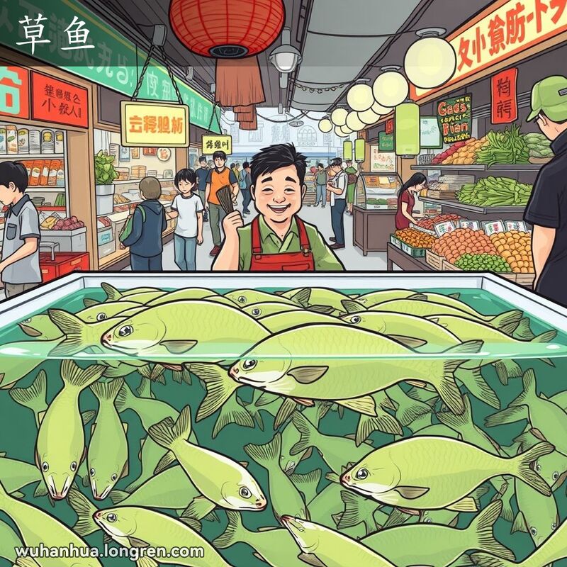 武汉市场中的鱼摊，摊位前有一个大水池，里面游动着绿色的草鱼，摊主手持渔网准备捞鱼，背景是热闹的市场场景。