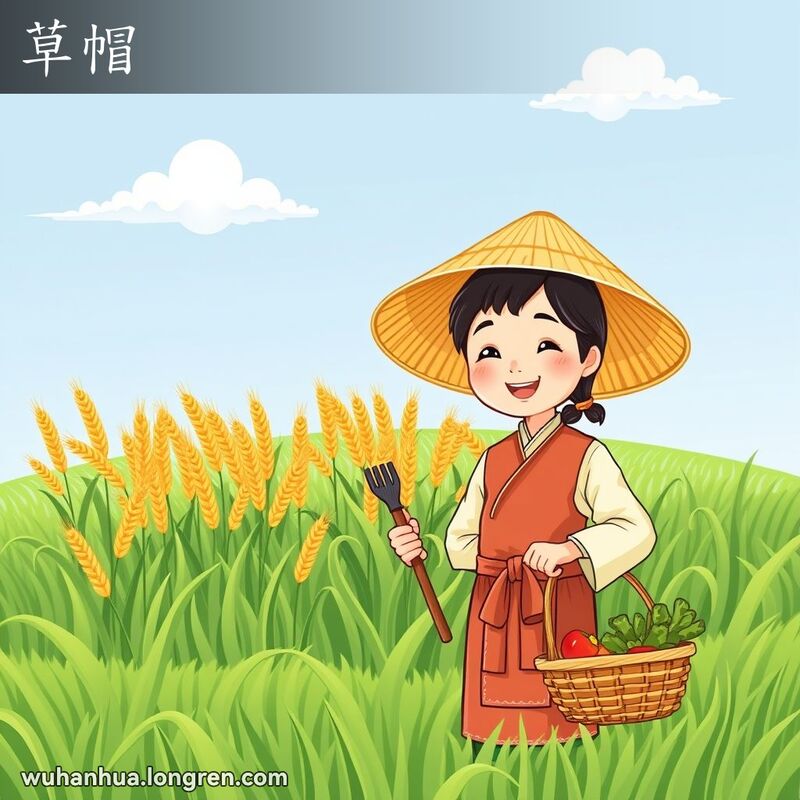 一位戴草帽的农民站在阳光明媚的田野中，手持农具和蔬菜篮子，背景是绿色田野和蓝天白云。