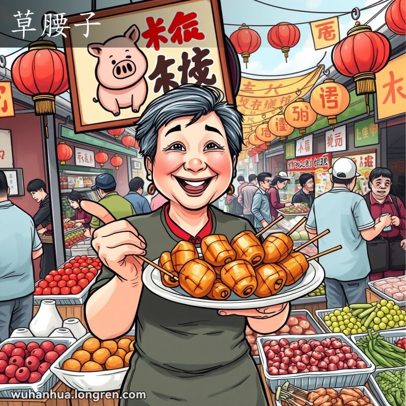 武汉街头市场，摊主卖烤猪腰子，背景有其他摊位和顾客