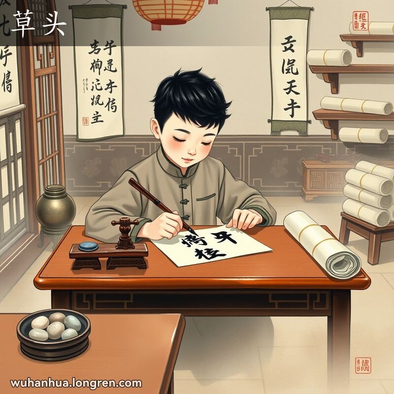 一位年轻学生在书法课堂上专注练习书写带有草字头的汉字，背景是传统书法工具