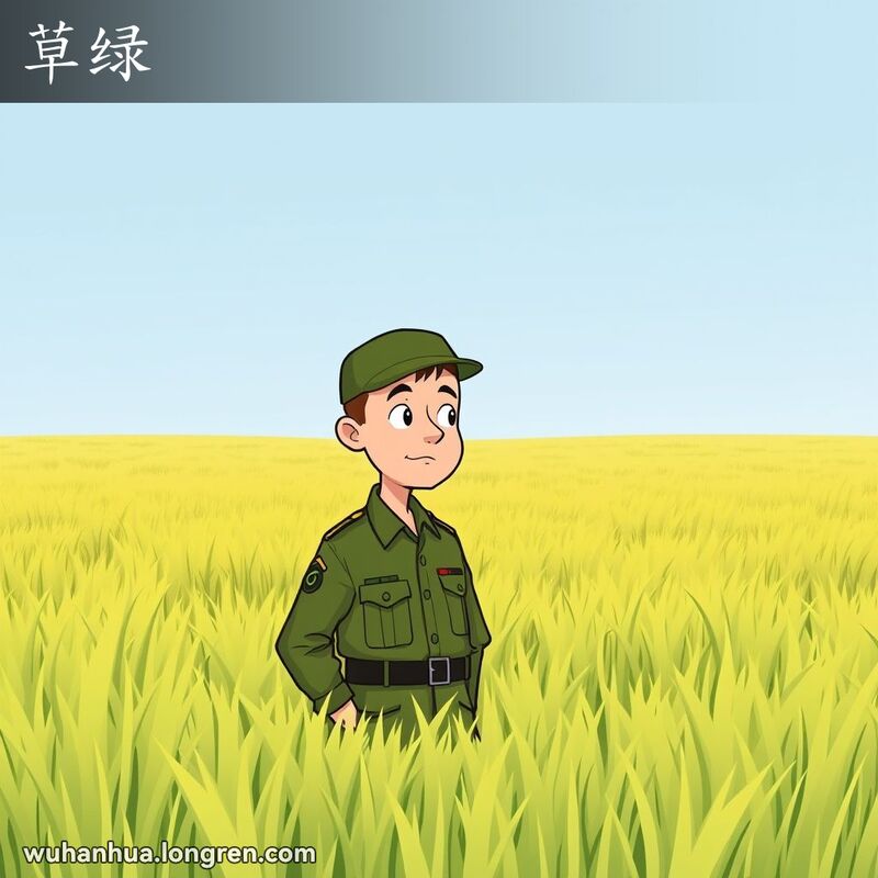 一位身穿军绿色制服的士兵站在略带黄色的草地上，望着草地，背景是广阔的草地和湛蓝的天空