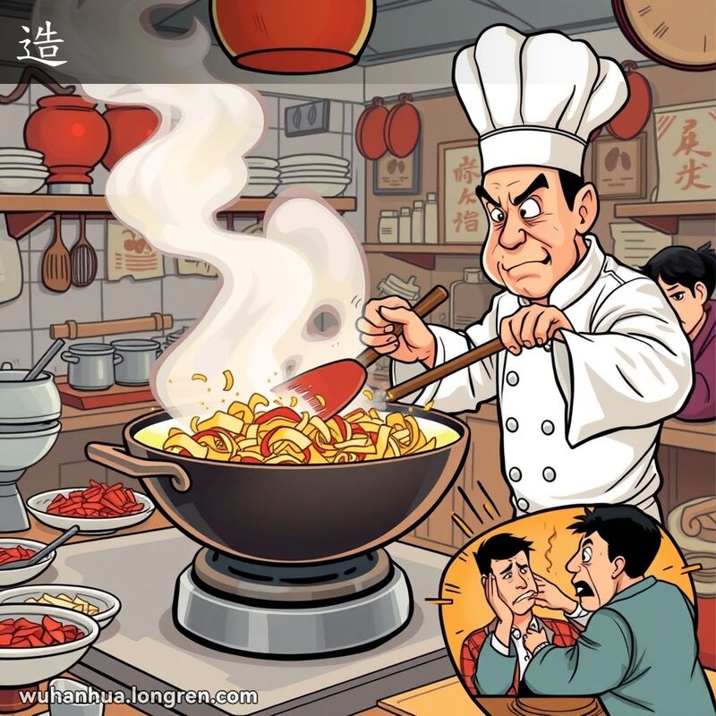 一位武汉厨师在厨房里用力翻炒食材，背景是忙碌的厨房和两人争吵的场景