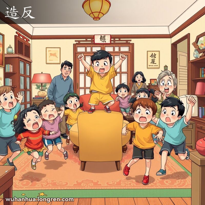 几个孩子在武汉家庭客厅里嬉闹，模仿反叛行为，父母在背景中露出无奈的表情