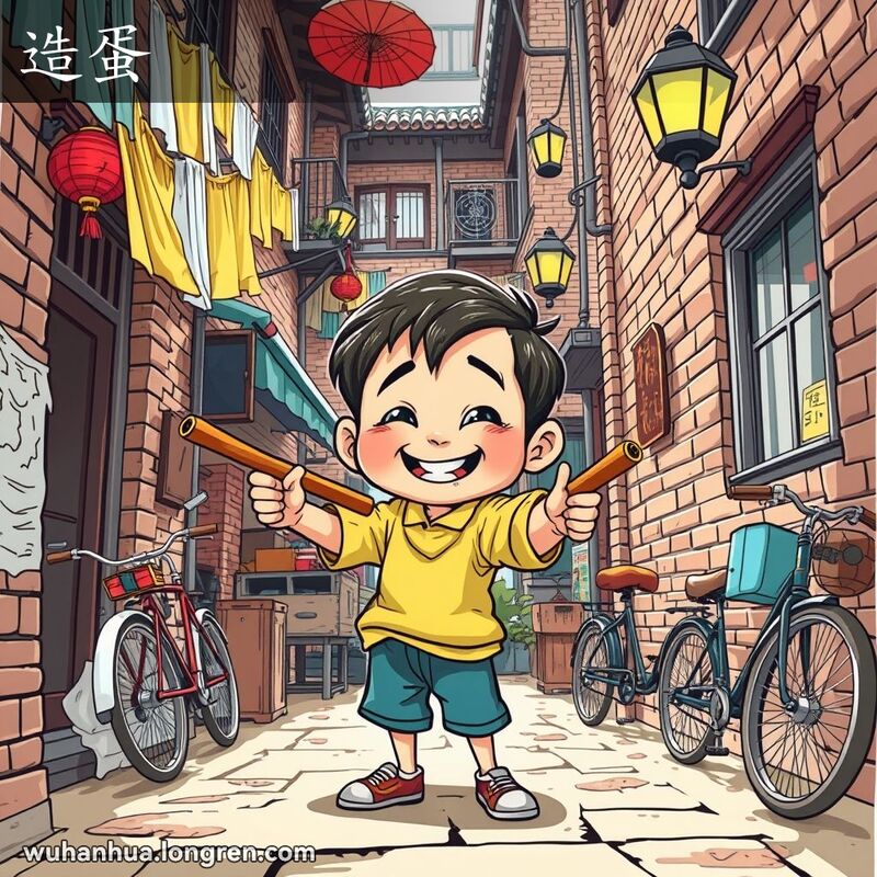 一个调皮的孩子在武汉老街巷中用弹弓瞄准窗户，背景有红砖墙、晾晒的衣物和小摊贩。