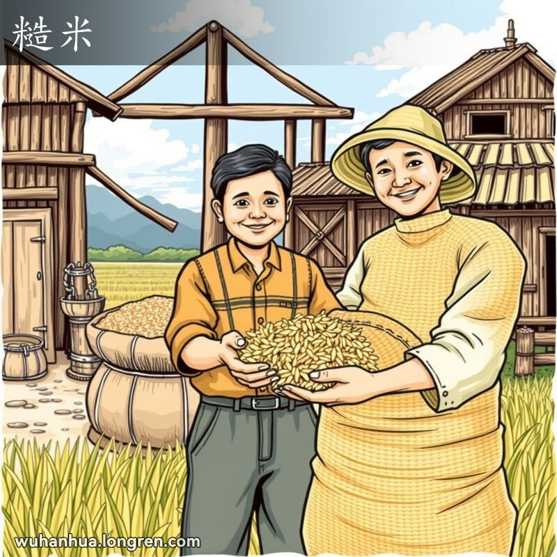 一位农民在传统米厂旁捧着未经精碾的大米，背景是乡村田园风光