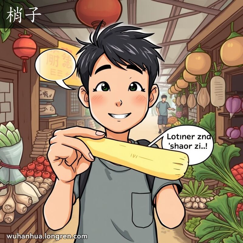 一个人手持甘蔗，指着较细的一头，背景是传统中国市场，摊贩售卖莲藕等蔬菜。