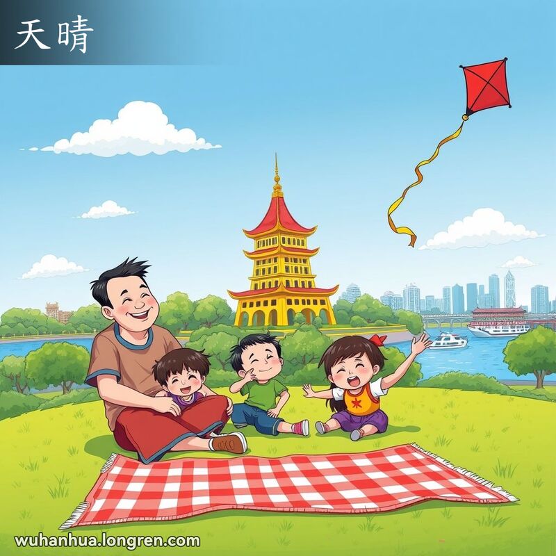 晴朗的武汉日子，天空湛蓝，家庭在公园野餐，孩子们放风筝，背景是黄鹤楼和长江