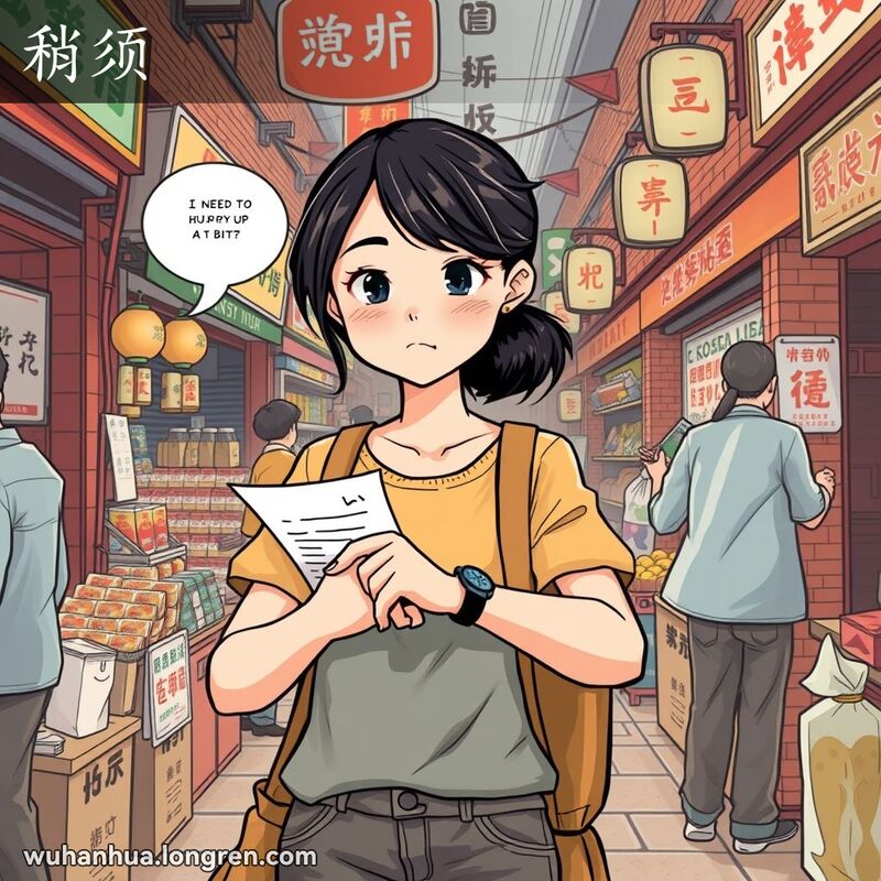 一位年轻女子在武汉街头市场中看着手表，露出稍显急切的表情，背景是繁忙的市场和红砖墙。