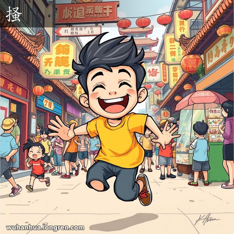一位年轻人在武汉街头奔跑，表情极度兴奋，背景是热闹的街景和摊贩