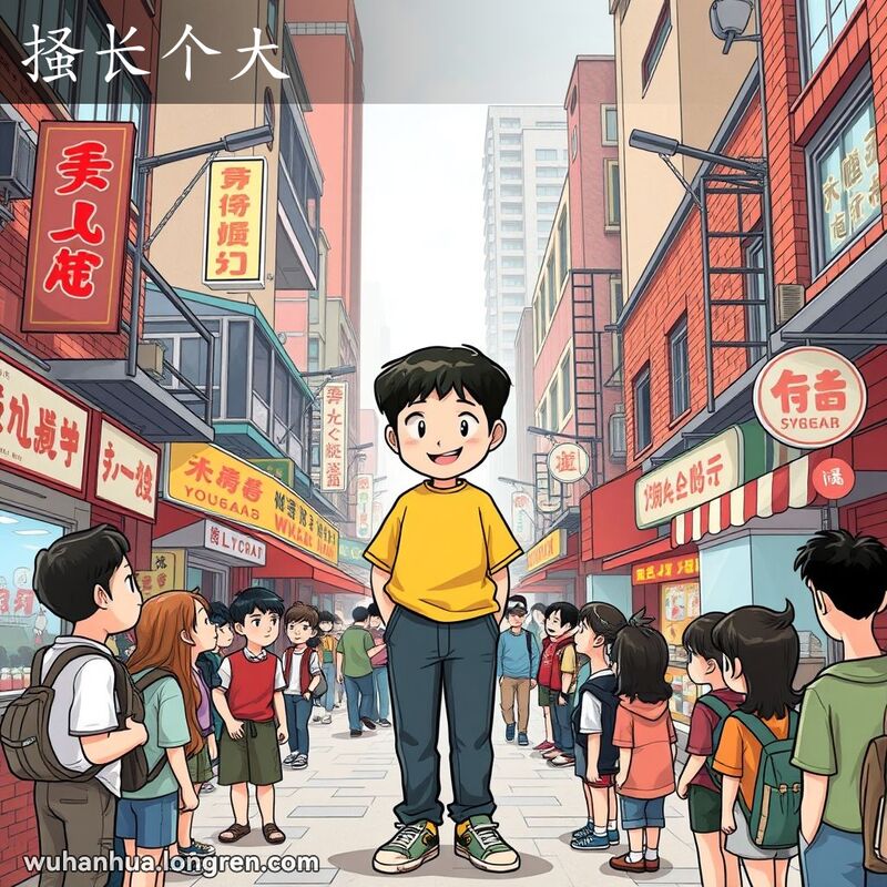 一位高大的武汉少年站在街头，周围同龄人仰望着他，背景是武汉街景