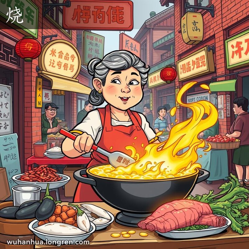 一位中年妇女在武汉街头市场的炒锅前，准备烹饪食材，背景是热闹的市场场景