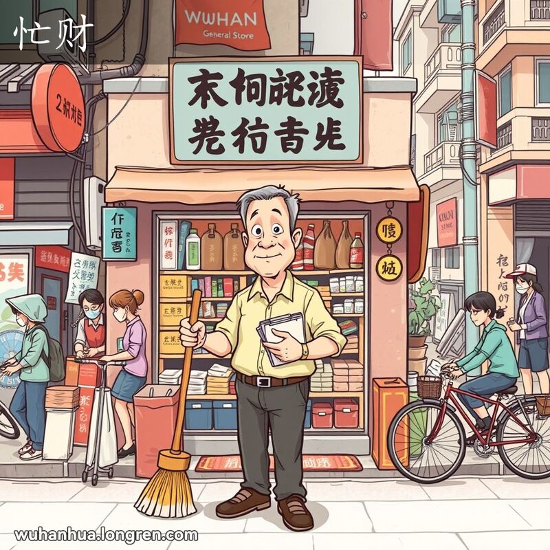 一位中年男子在武汉街头的杂货店前忙碌地管理店铺，背景是繁忙的老街景