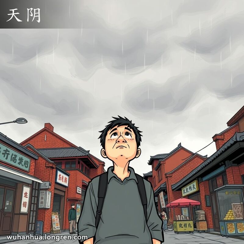 武汉老街阴天景象，市民抬头望天，背景有红砖墙和小摊贩