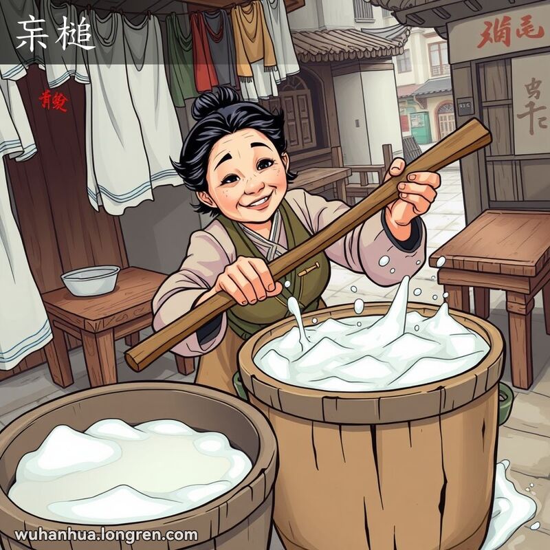 一位武汉妇女在洗衣盆前用杗槌捶打衣物，背景是武汉老街景