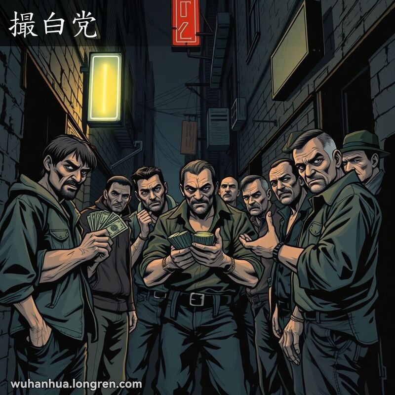 一群形迹可疑的人在昏暗的巷子里低声交谈，策划阴谋，背景是破旧的城市建筑
