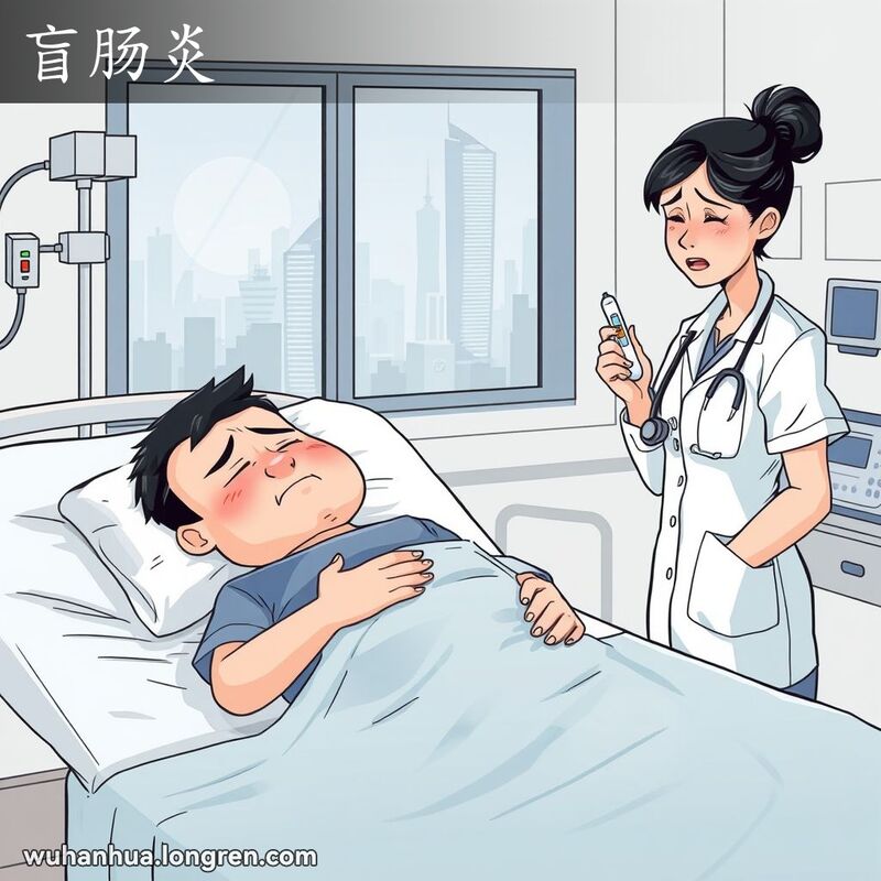 一位武汉市民躺在医院病床上，面色苍白，表情痛苦，右下腹部用手捂着，旁边有一位护士正在用体温计量体温。
