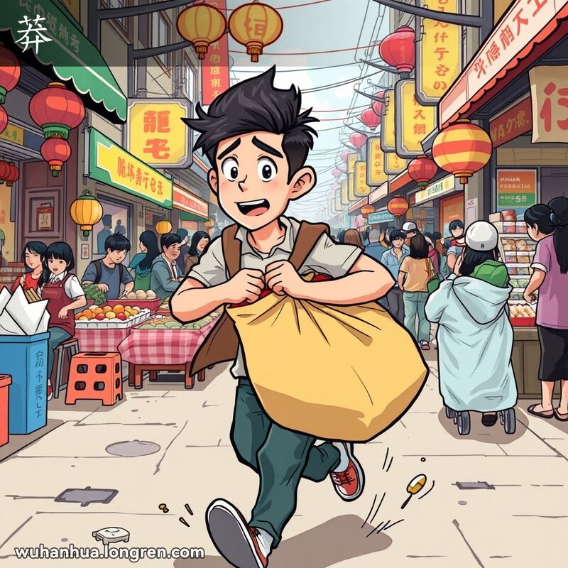 一位年轻男子匆忙地穿过武汉街市，手提杂货袋，背景是繁忙的市场和人群