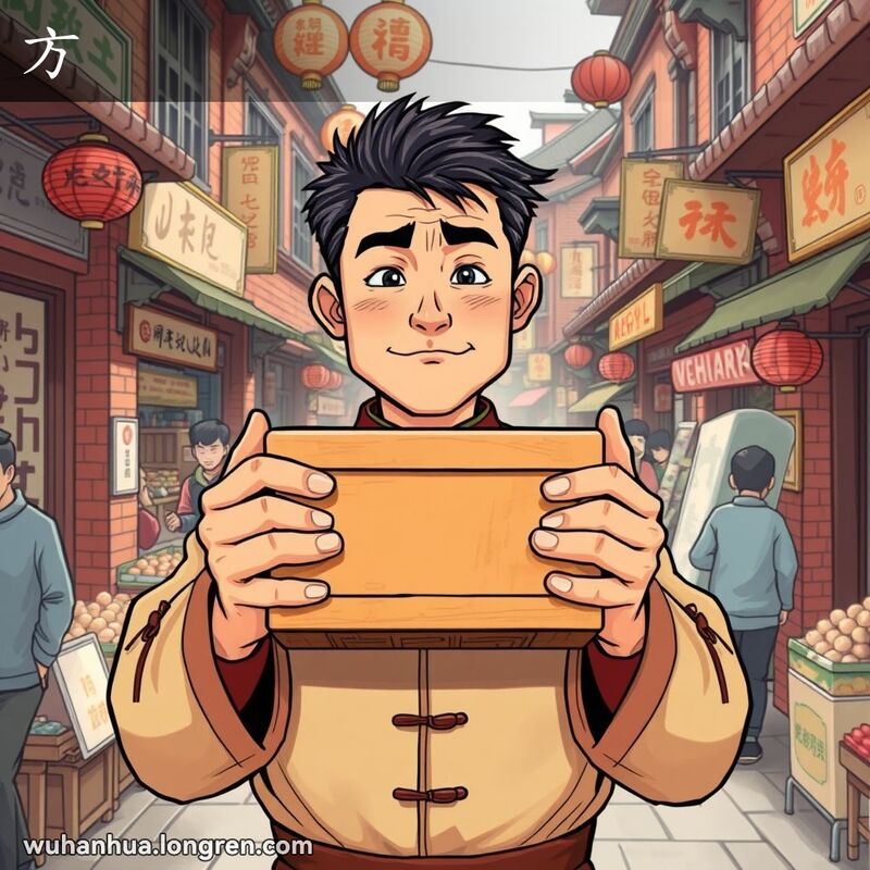 一位武汉男子在市场中手持长方形木箱，表情严肃，背景是武汉老街景
