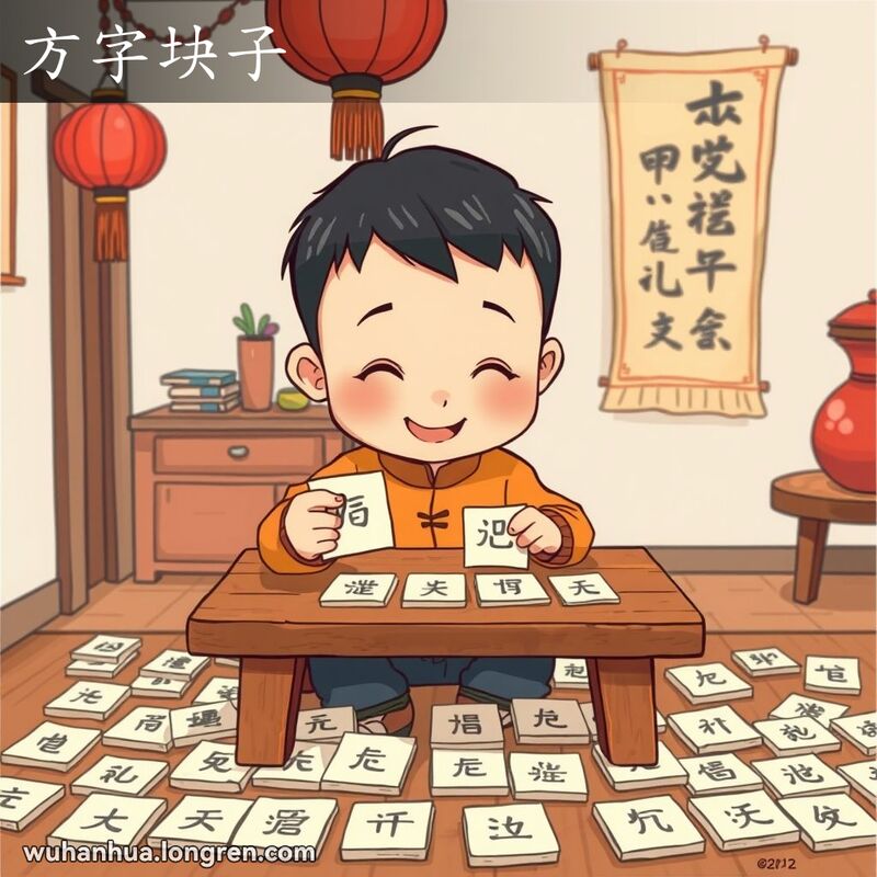 一个小孩坐在桌旁，手里拿着写有汉字的方形小纸片，桌上散落着许多类似的纸片，背景是传统中式家庭。