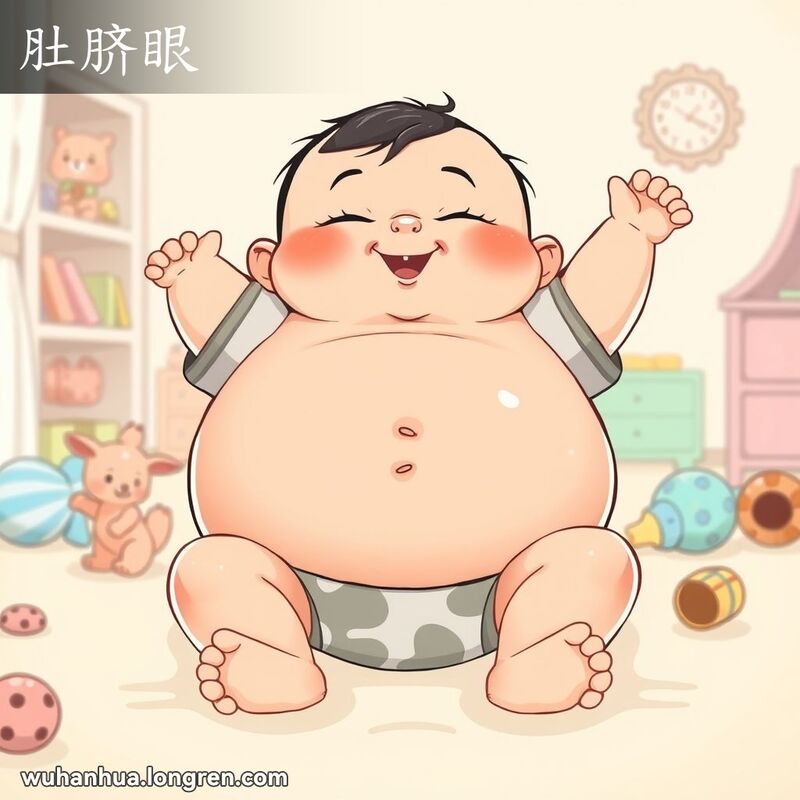 一个可爱的婴儿仰卧在地，肚子中央明显的肚脐眼引人注目，背景是温馨的婴儿房。