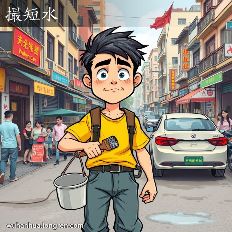 一位年轻男子在武汉街头临时洗车赚钱，背景是繁忙的街道和老建筑