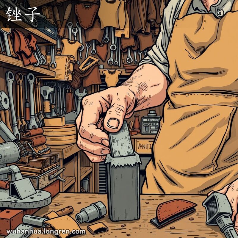 一位工匠在作坊中使用锉子对金属工件进行精细加工，背景是传统作坊环境