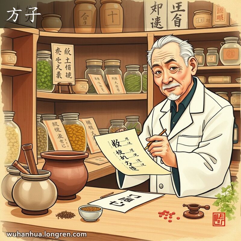 一位中医医生在武汉的传统中药店里书写药方，背景有药杵、秤和药罐