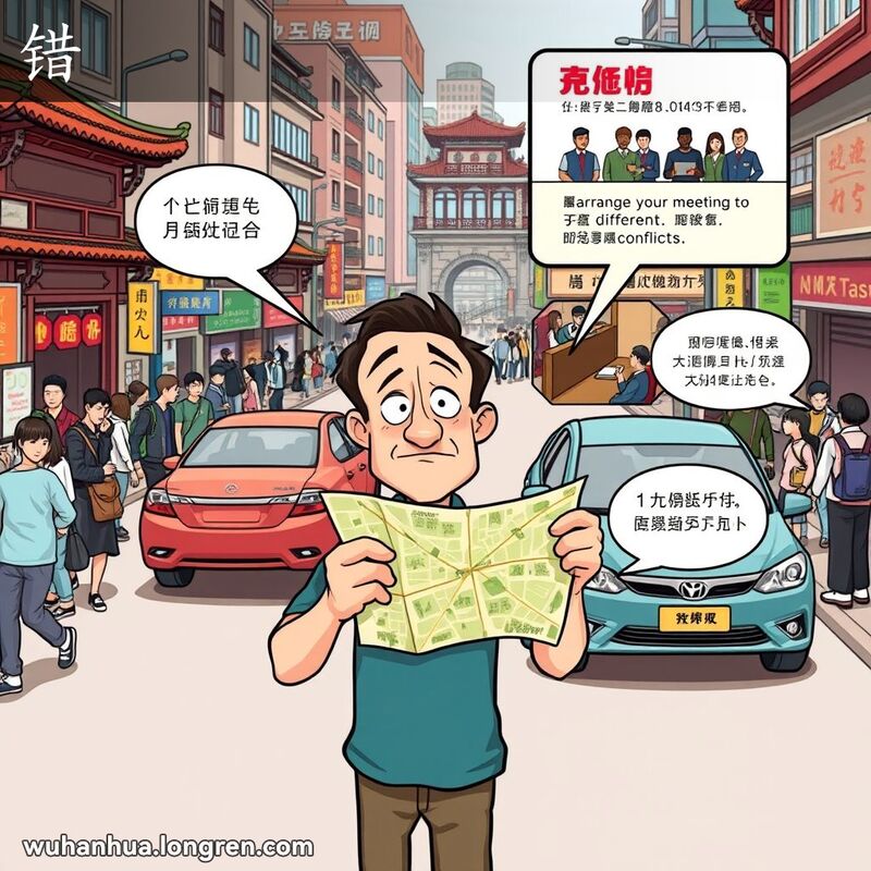 武汉街头，一位男子手持倒着的地图，露出迷茫的表情，背景中两辆车避开彼此，远处会议室里两组人安排不同时间的会议。
