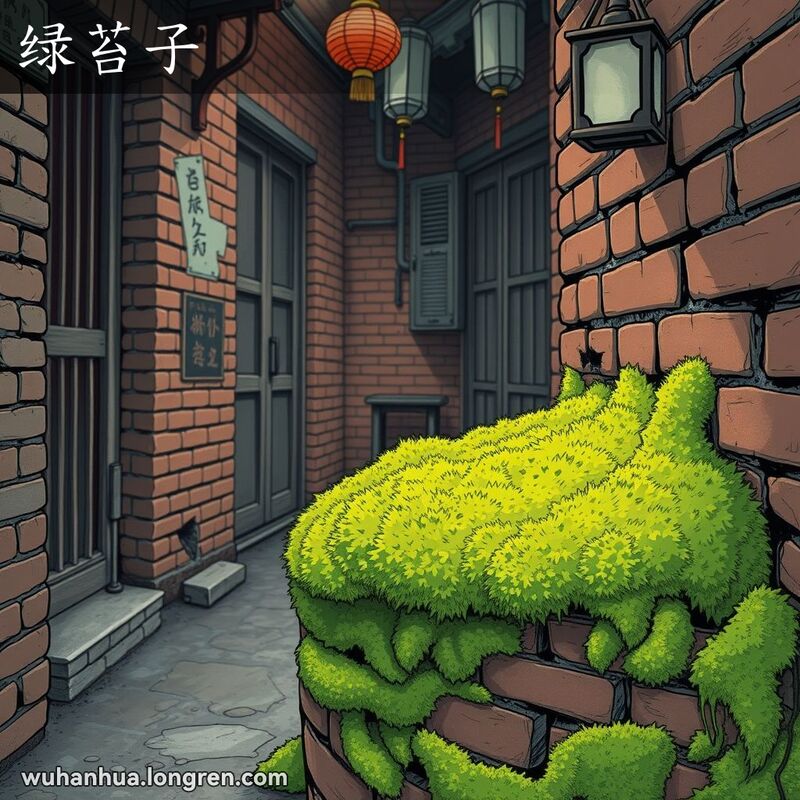 武汉老街巷阴湿角落，墙壁上长满绿色青苔，背景有红砖墙和老木门